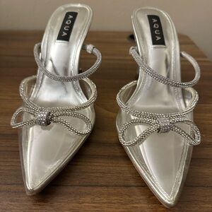 Aqua Silver Heels with Rhinestone Bow